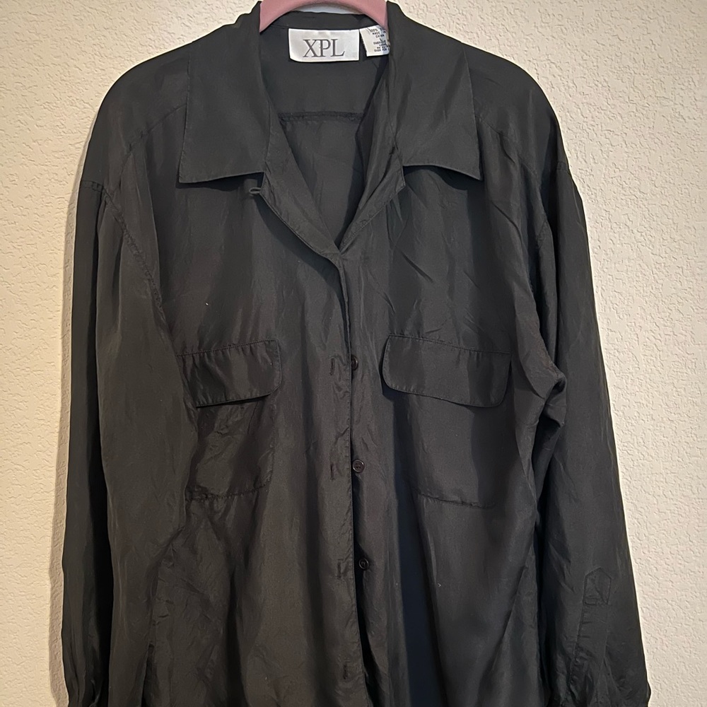 Large black silk XPL vintage 90s blouse